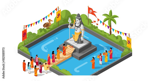 Festival Scene with Statue and People in Traditional Dress