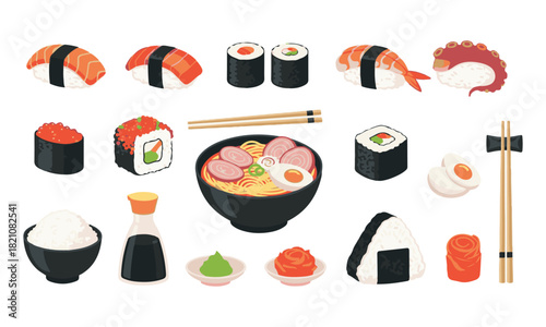 Japanese Food Vector Illustration Set Featuring Assorted Sushi Rolls, Ramen Bowl, Onigiri, Soy Sauce, and Chopsticks Isolated on White Background for Menu Design and Food Icons