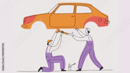 Two mechanics working on a car one underneath depicted in a vibrant vector illustration with a focus on repair and automotive service