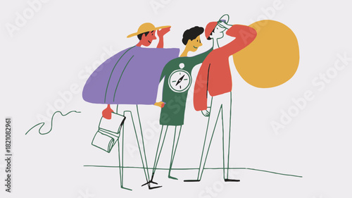 A stylized vector illustration of three explorers one of whom is holding a map set against a colorful background perfect for adventure and discovery themes
