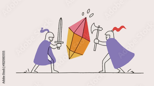 Two medieval knights in combat one wielding a sword and the other preparing to strike rendered in a classic vector illustration style with vibrant colors and sharp lines