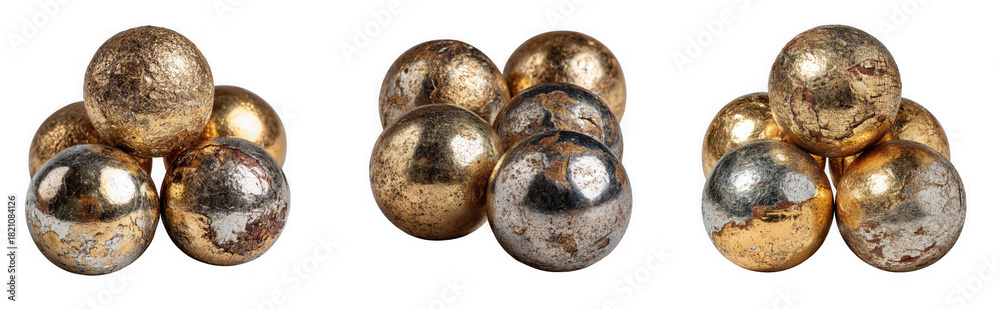 Fototapeta premium Three clusters of festive gold and silver glitter and shiny decorative balls, perfect for holiday decor, isolated on transparent background