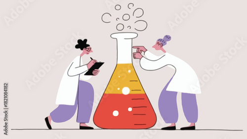 Two scientists in a laboratory observe a bubbling beaker representing scientific research discovery and chemical experimentation with a modern clean aesthetic