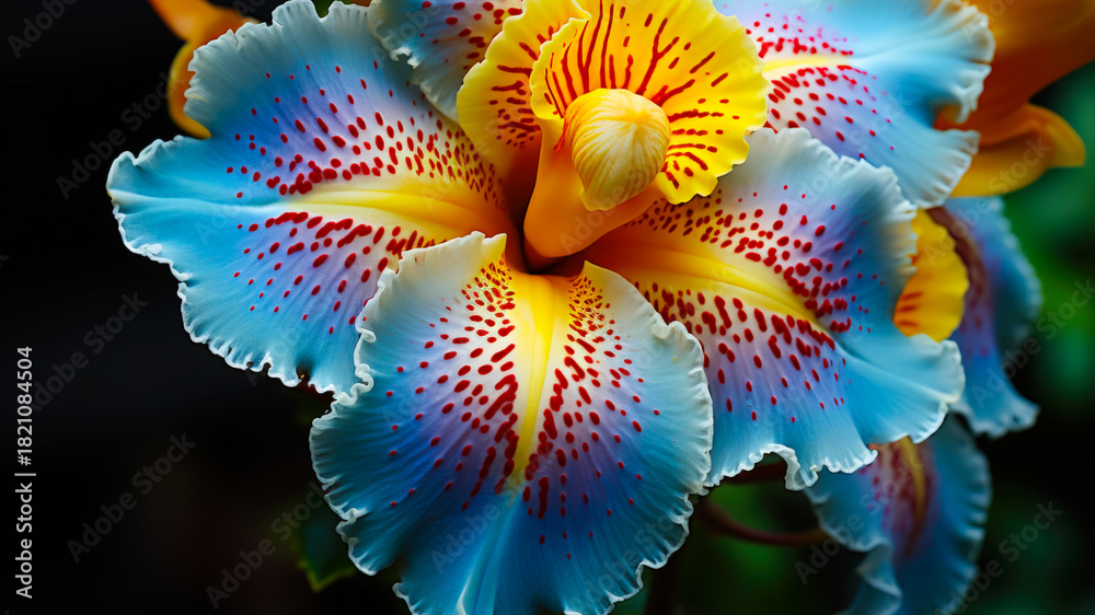 Fototapeta premium Colorful Orchid Bloom Displaying Vibrant Blue, Yellow, and Red Patterns in a Lush Garden Setting During Daytime