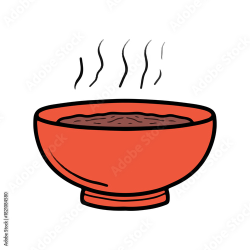 Hot steaming bowl of soup doodle vector. Illustration of a red bowl with hot chocolate liquid and steam in cartoon style