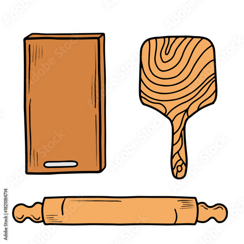 Hand drawn wooden kitchen tools doodle set vector illustration. Rustic kitchen utensils clipart