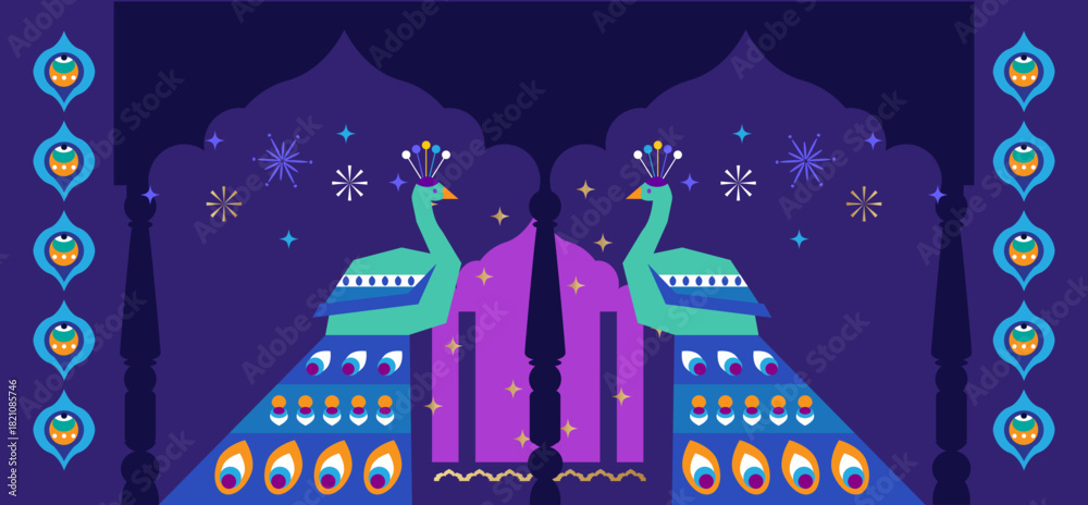 Obraz premium Traditional Indian festival Diwali. Happy Festival of lights Deepavali, peacock, rangoli Template banner Festive Burning diya background Vector icon illustration
