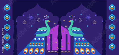 Traditional Indian festival Diwali. Happy Festival of lights Deepavali, peacock, rangoli Template  banner  Festive Burning diya background Vector  icon  illustration