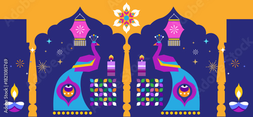 Traditional Indian festival Diwali. Happy Festival of lights Deepavali, peacock, rangoli Template  banner  Festive Burning diya background Vector  icon  illustration