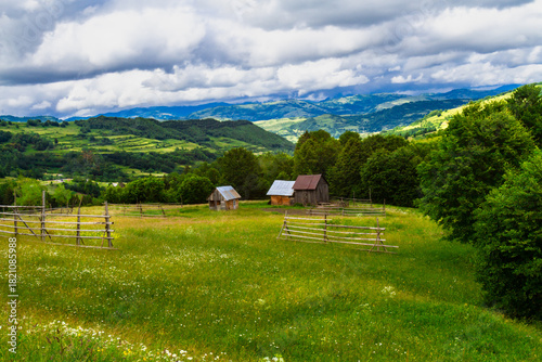 Beautiful rural landscape with hills, forests and fields. Maramures, Romania