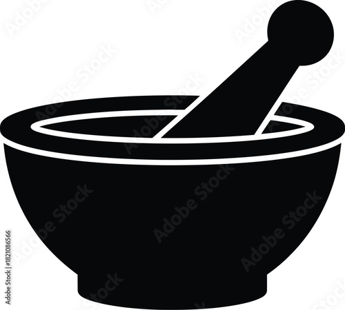 Simple black and white illustration of a traditional mortar and pestle