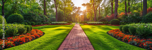 Beautiful Garden Pathway Surrounded by Lush Greenery and Blooming Flowers at Sunset