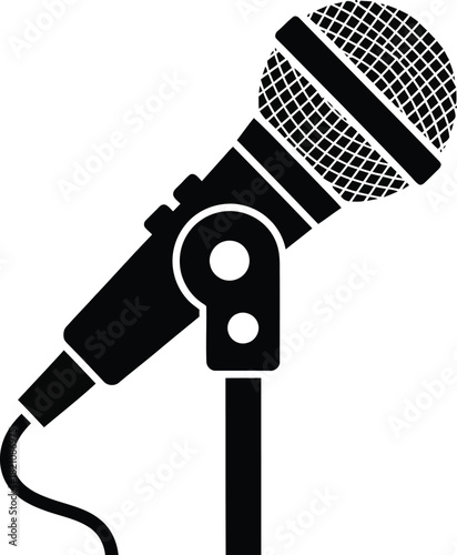 A simple black and white illustration of a vintage style microphone on a stand