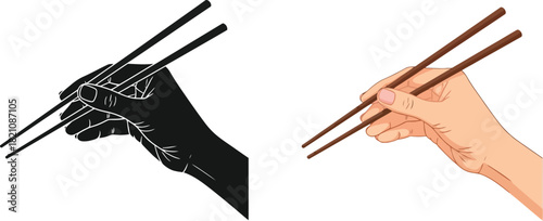 A hand holding chopsticks depicted in color and as a silhouette