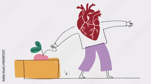 A whimsical character design featuring a transparent chest revealing a vibrant glowing heart perfect for expressing love emotion or a unique personality