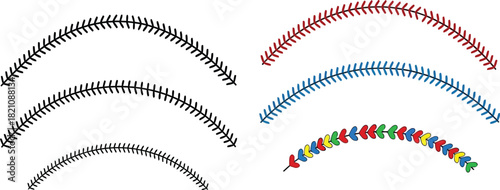 Curved railroad tracks in grayscale blue and multicolored variations shown