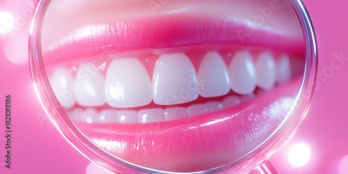 Bright smile and healthy teeth close-up with magnifying glass