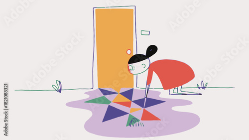 Whimsical character design featuring a person looking at their unique distorted reflection in a puddle rendered with vibrant colors and clear lines perfect for creative projects