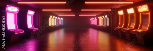 Retro arcade with neon lights in a nostalgic gaming hall