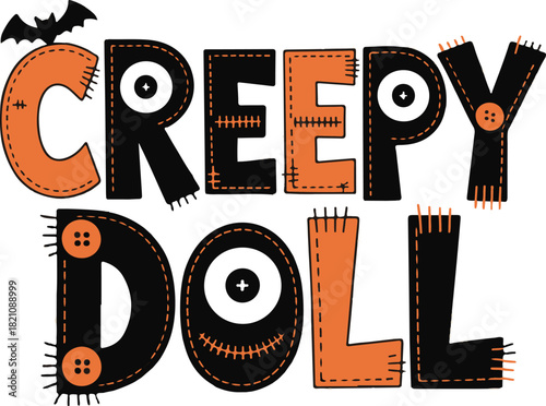Creepy doll text in a stitched, halloweenthemed font with orange and black colors, featuring buttons and stitches