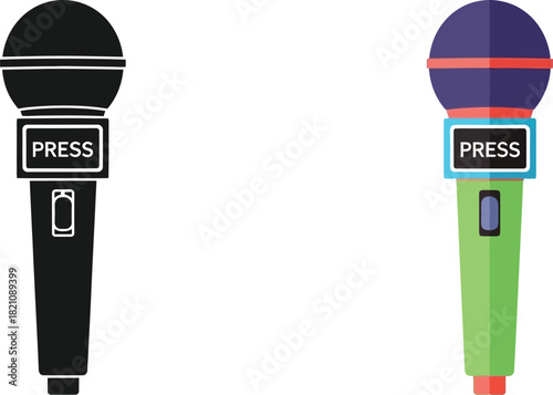 Two microphones one black and one colorful with press labels displayed