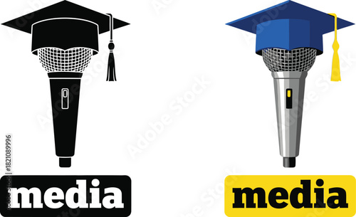 Microphone with graduation cap icons representing media and public speaking
