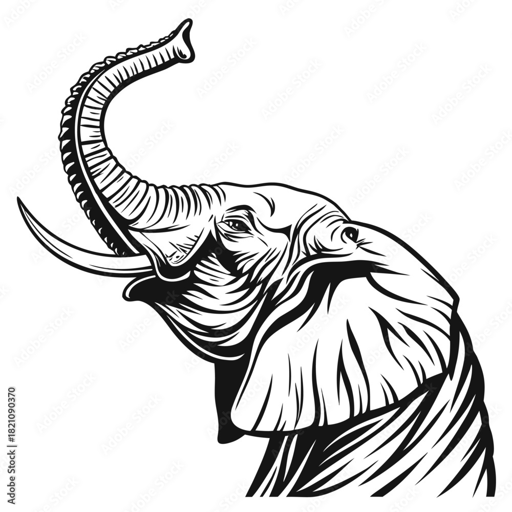 Obraz premium Elephant Head Profile Line Art Illustration with Raised Trunk - Black and White Vector Sketch for Tattoo or Logo Design 