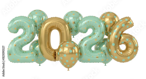 Golden and teal polka dot balloons forming the number 2026 on a white background