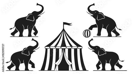 Circus Elephant Silhouette Set with Striped Tent Background - Collection of 6 Performing Animal Vector Icons in Various Poses
