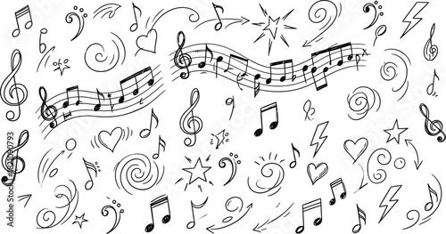 Hand Drawn Doodle Musical Notes Elements and Symbols Collection On Transparent Background Vector Illustration In Sketch Style