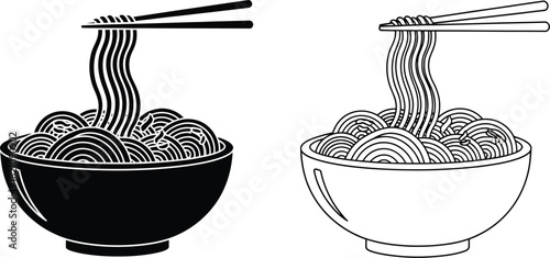 Black and white illustration of two bowls filled with swirling noodles