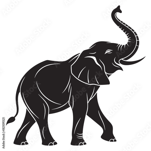 Minimalist Standing Elephant Silhouette Vector - Bold Black Animal Shape with Raised Trunk for Logo and Stencil
