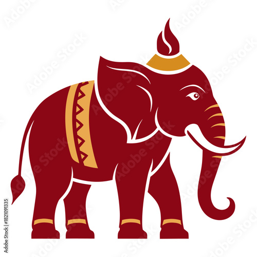 Thai Traditional Elephant Line Art with Temple Patterns - Elegant Asian Animal Vector Illustration for Tattoo and Logo
