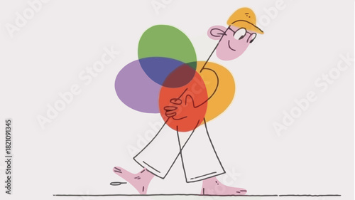 Abstract character design featuring translucent overlapping shapes and vibrant cmyk colors suitable for banners and advertisements with bold typography