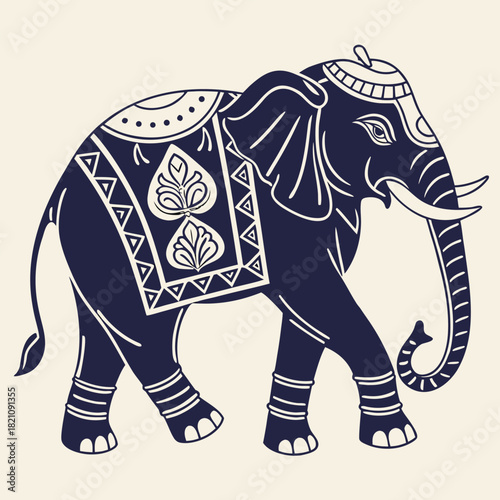 Decorated Indian Elephant Silhouette with Traditional Ornaments and Howdah - Regal Vector Illustration for Wedding or Cultural Festival
