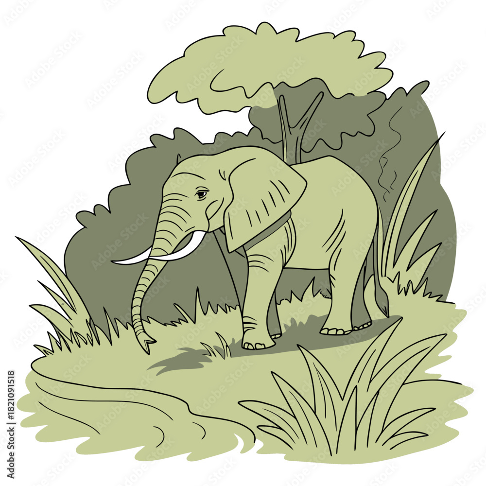Naklejka premium Realistic Digital Painting of an Elephant Standing Near Water - Scenic Wildlife Illustration with Grass and River Background 