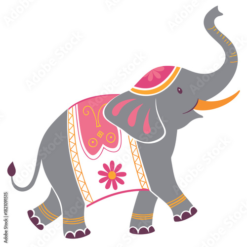 Cute Cartoon Elephant with Raised Trunk and Floral Decorations - Colorful Flat Vector Illustration with Pink and Orange Accents
