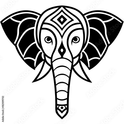Tribal Elephant Head Vector with Intricate Mandala Patterns - Symmetrical Boho Black and White Illustration for Tattoo or Coloring Book

