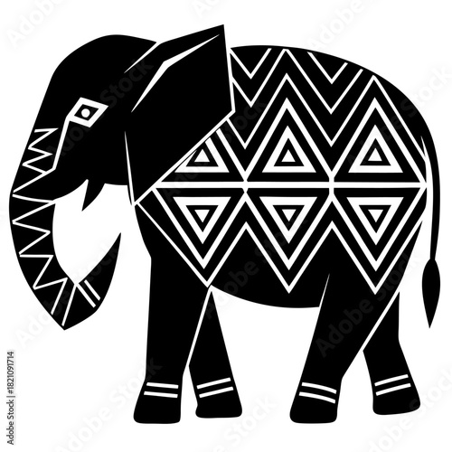 Tribal Elephant Silhouette with Geometric Cut-Out Patterns - Ethnic Black Vector Ornament for Tattoo, Stencil, and T-shirt Design
