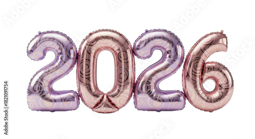Shiny rose gold balloons forming the number 2026, isolated on a white background, perfect for New Year's Eve celebrations and event decorations