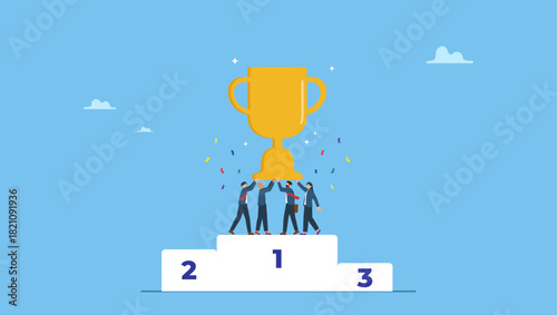 Businessman and businesswoman colleagues hold winning trophy on first place podium. Team success win together, teamwork or collaboration to achieve goal together, group winner or team victory.