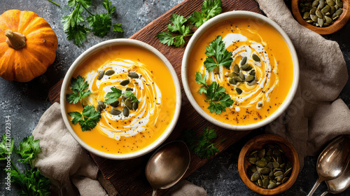 Pumpkin Soup Delight: An overhead shot showcases two inviting bowls of creamy pumpkin soup, artfully garnished with fresh herbs, a swirl of cream, and scattered pumpkin seeds.