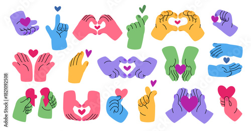 Heart hand gesture symbols for love, friendship, social care and donation. Valentine's day design elements. Couple romantic relationship feelings. Compassion and support vector concept set