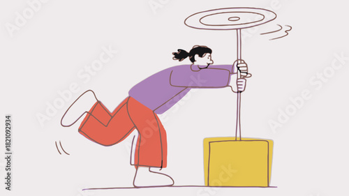 A person is carefully balancing a spinning object depicted as a vibrant dynamic vector illustration with a focus on movement and precision suitable for conceptual designs