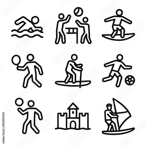 Simple line icons of various sports activities and recreational games