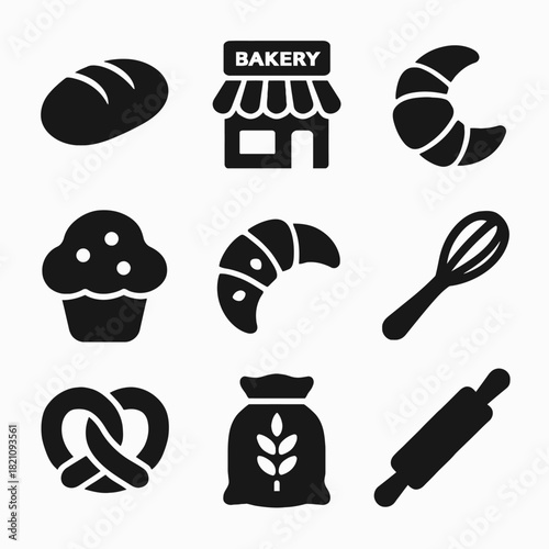 Bakery icons: bread, croissant, muffin, whisk, pretzel, rolling pin, flour bag