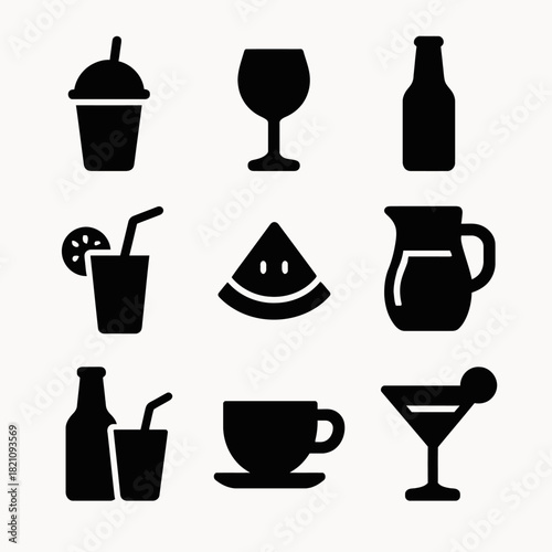 Variety of beverage icons: cups, glasses, juices, watermelon, and pitcher