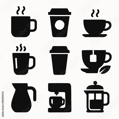 Collection of coffee icons featuring cups, mugs, teapots, and coffee makers
