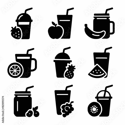 Variety of fruit beverage icons including apple, banana, strawberry, kiwi, pineapple, watermelon designs