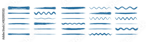 Set of blue brush line, wave line, paintbrush and charcoal. A collage collection of comic drawing lines. Hand drawn crayon underline, zigzag, dash line collection. 